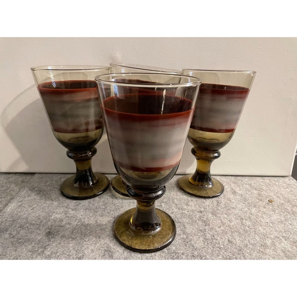 4 Vintage Libbey Sango Nova Brown Water Goblet  7" Tall  #1407